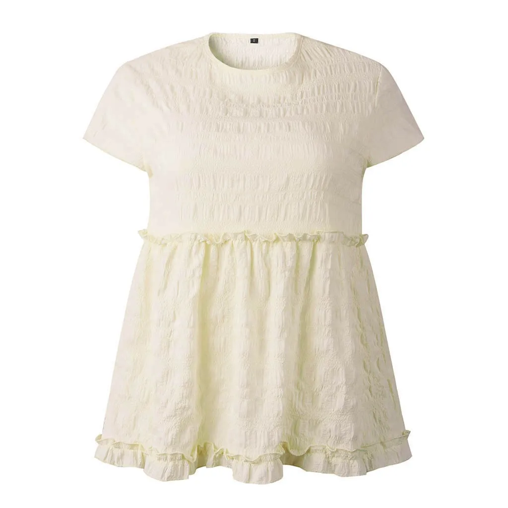 

Женская футболка с коротким рукавом, круглым вырезом и оборками