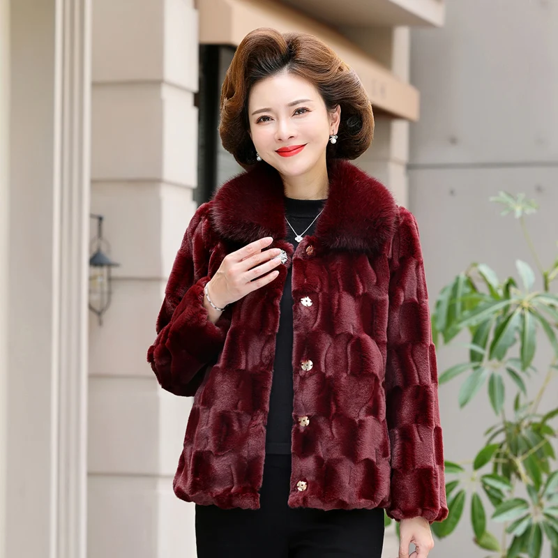 2022 New Autumn Winter Middle-aged Women Fur Collar Mink Fleece Coat Thicken Woolen Outwear Warm Tops
