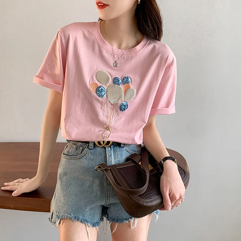 

Футболка женская из хлопка с коротким рукавом и блестками