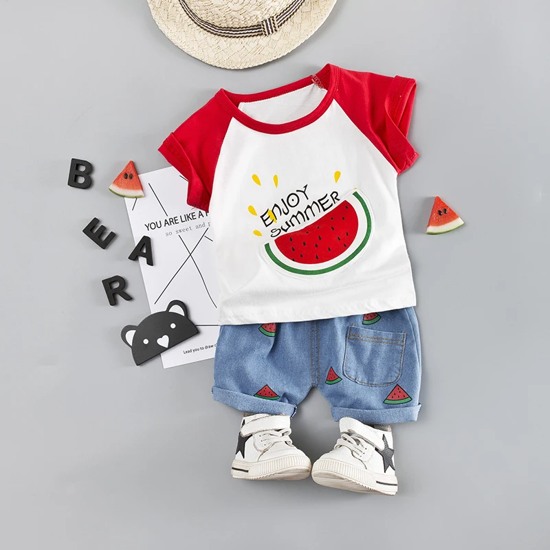 

Toddler Clothing Sets Littlle Boys Summer Cotton Suit Kids Short Sleeves Outfit Cute Cartoon Watermelon Print Daily Boutique Set