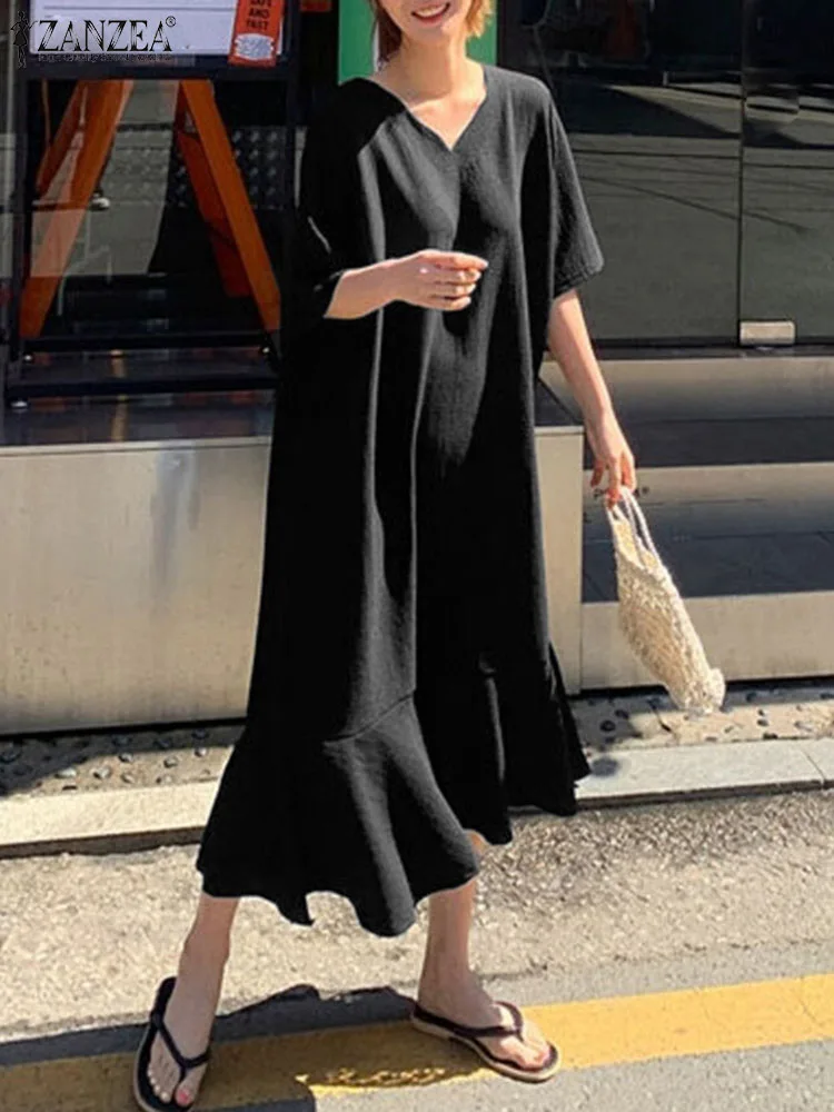 

ZANZEA Women V-neck Vestidos A-line 2023 Summer Robes Loose Solid Midi Dress Casual Streetwear Ruffled Hem Short Sleeve Dress