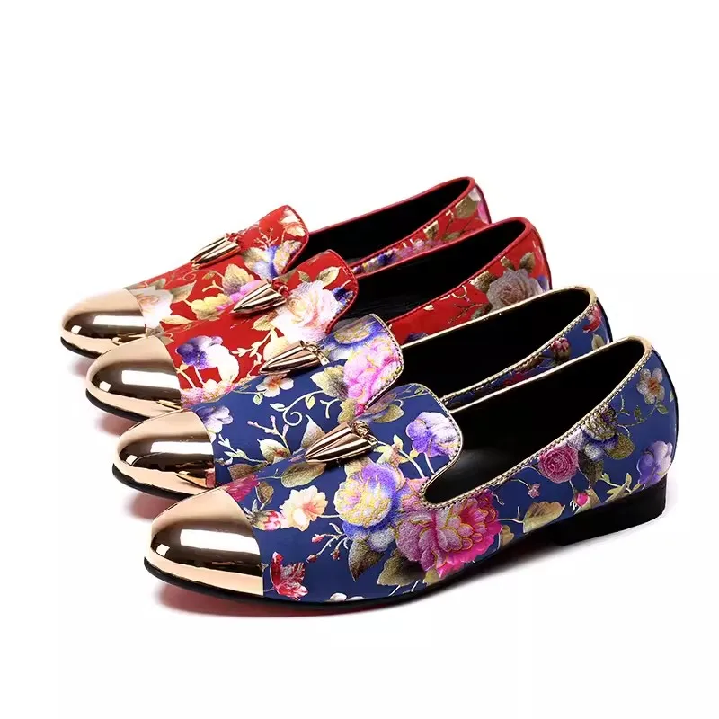 Лоферы мужские с цветочным принтом неглубокие слипоны металлический круглый