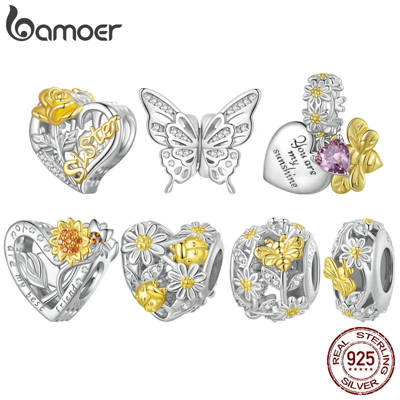 Bamoer 925 Sterling Silver Daisy Heart Beads Sunflower Pendant Charms for Women Bracelet and Necklace DIY Fine Jewelry
