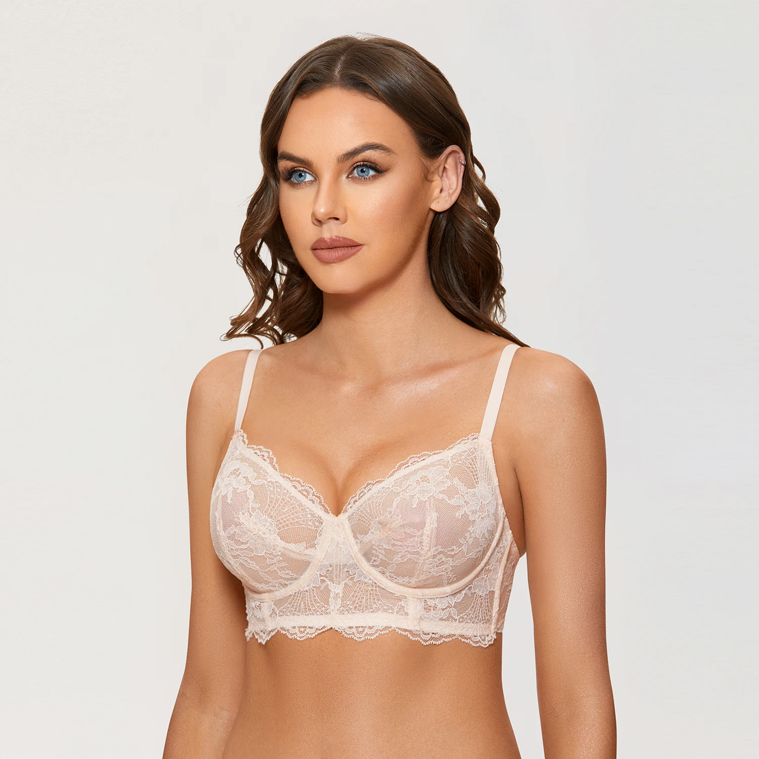 DOBREVA Women's See Through Lace Bra Low Back Sexy Balconette Bras Underwire Unlined Bralette Minimizer Plus Size Transparent