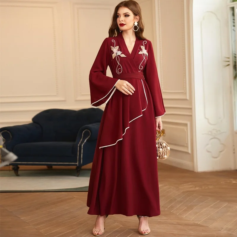 Dubai Handmade Pearls Dress Abaya Women Spring Fashion Flare Sleeve Eid Party Gown Robe Islamic Muslim Turkey Morocco Clothes