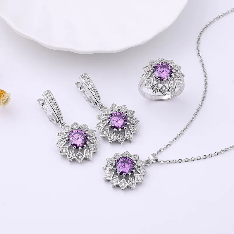 

New Sunflower Cubic Zirconia Jewelry Sets for Women Bride Wedding Real Gold Color Preservation Necklaces Ring Earrings 3pcs Set