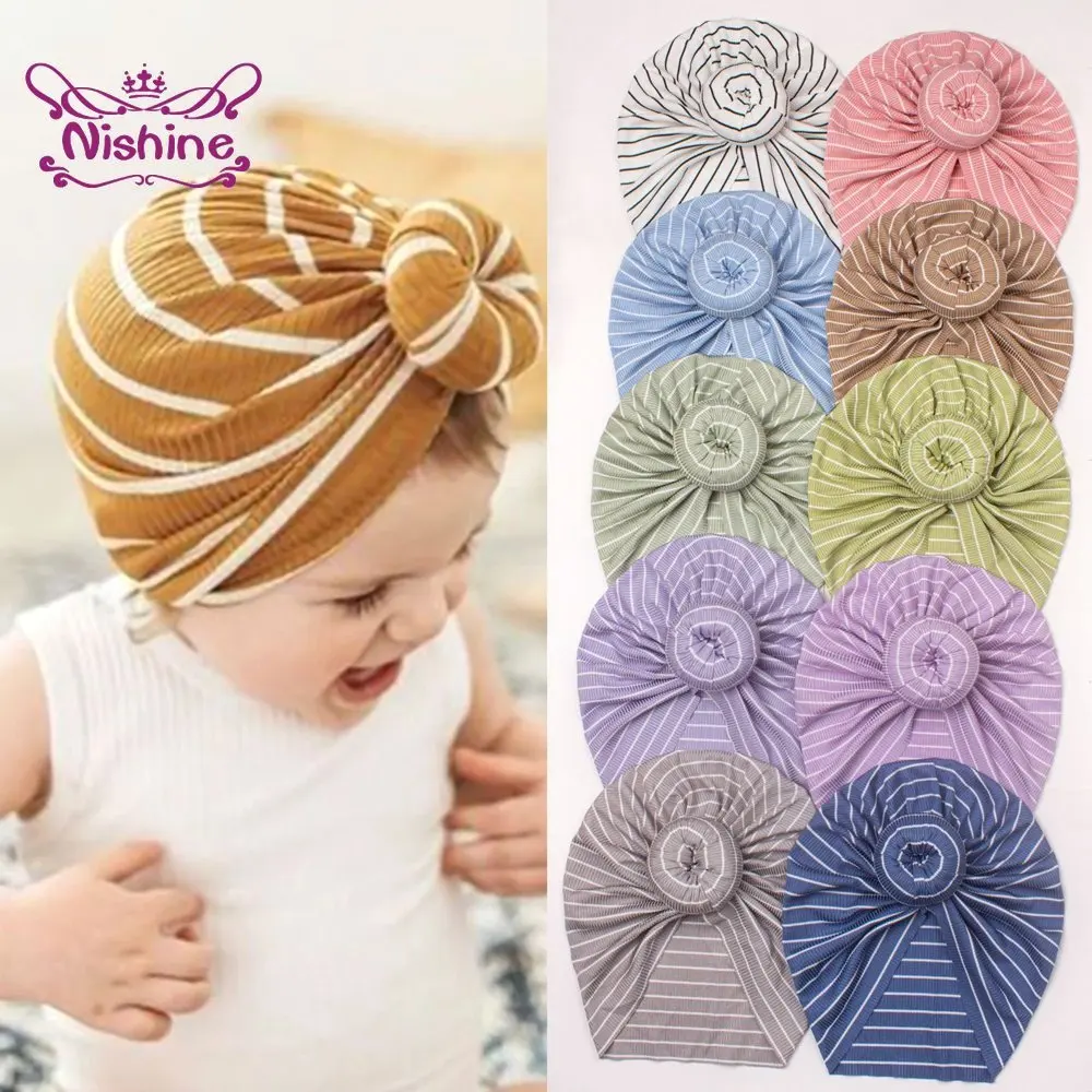 

Nishine Stripe Newborn Toddler Infant Beanie Hat Handmade Kids Turban Caps with Round Ball Center Baby Girls Hair Accessories