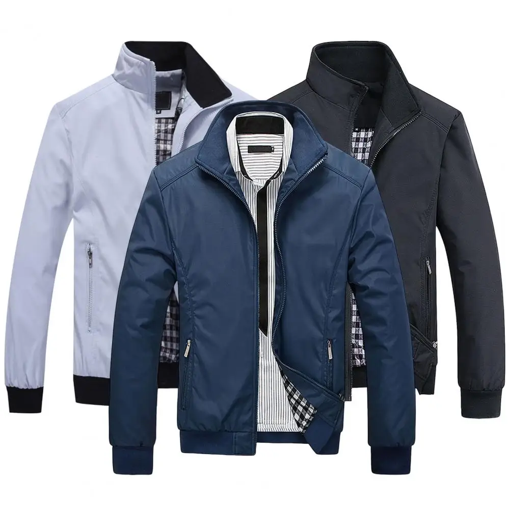 

Trendy Baseball Jacket Spring Autumn Bomber Jacket Stand Collar Pure Color Ribbing Bottom Bomber Coat Daily Wear