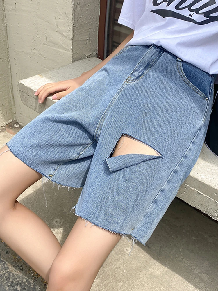New Spring Summer Women Hole Wide Leg Blue Denim Shorts Casual Female Loose High Waist Jeans Shorts Ladies Bottoms