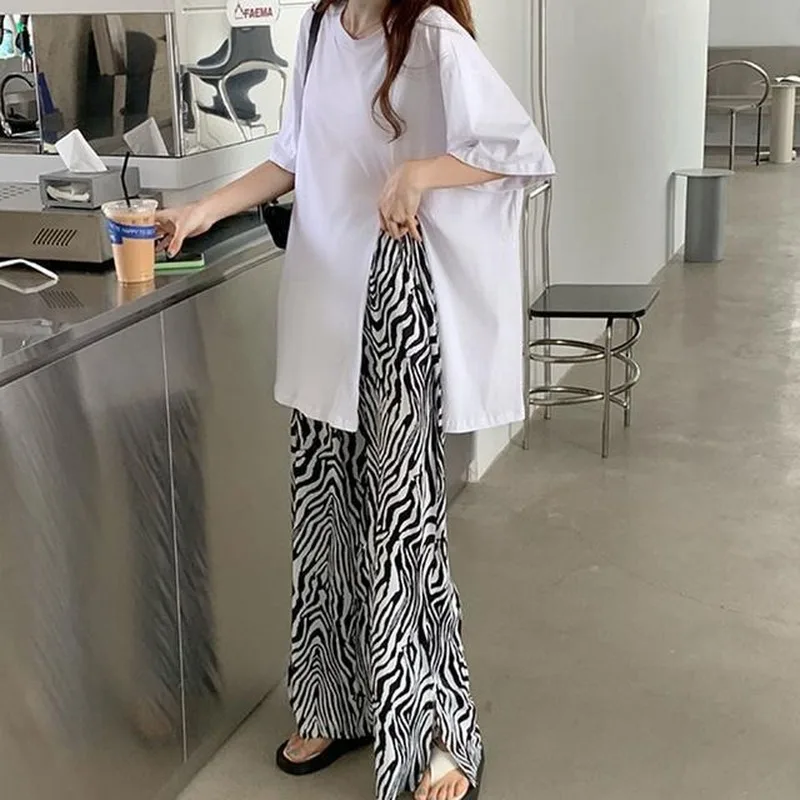 

Pant Sets Women Casual Soft Summer Teens Outfits High Waisted Zebra-print Harajuku Full Length Trouser Side-slit Design Teen Top