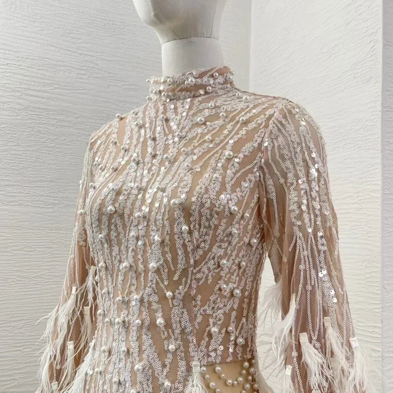 2024 новое летнее женское бежевое элегантное мини-платье с длинным рукавом и