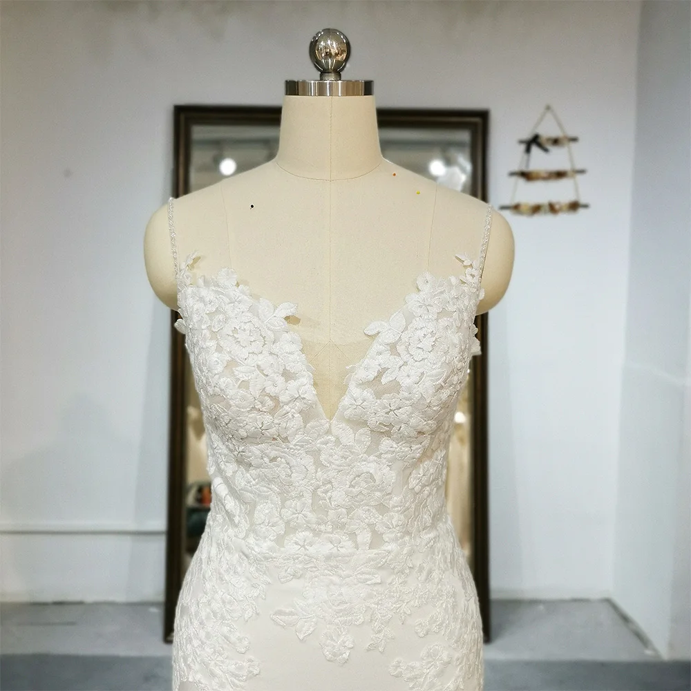 Фото Новейшее свадебное платье трапециевидной формы без рукавов Robe De Mariee Illusion с открытой спиной на заказ, кружево с v-образным вырезом и открытой спиной, великолепные платья de novia №5