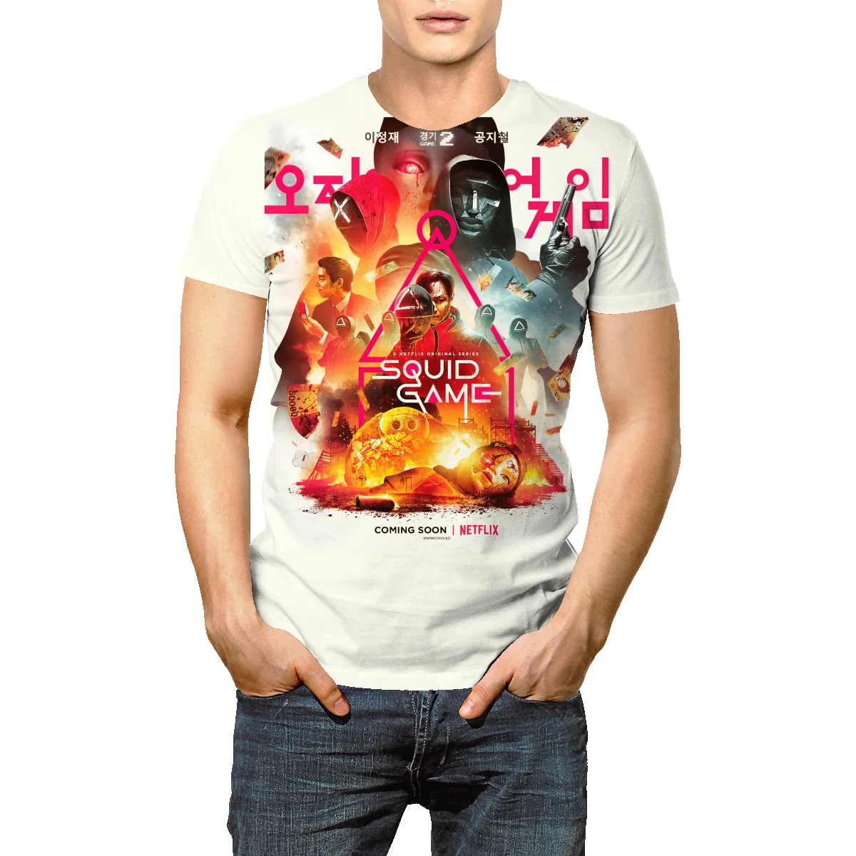 

Мужская хлопковая футболка с круглым вырезом, коротким рукавом и логотипом из фильма «Игра кальмар»