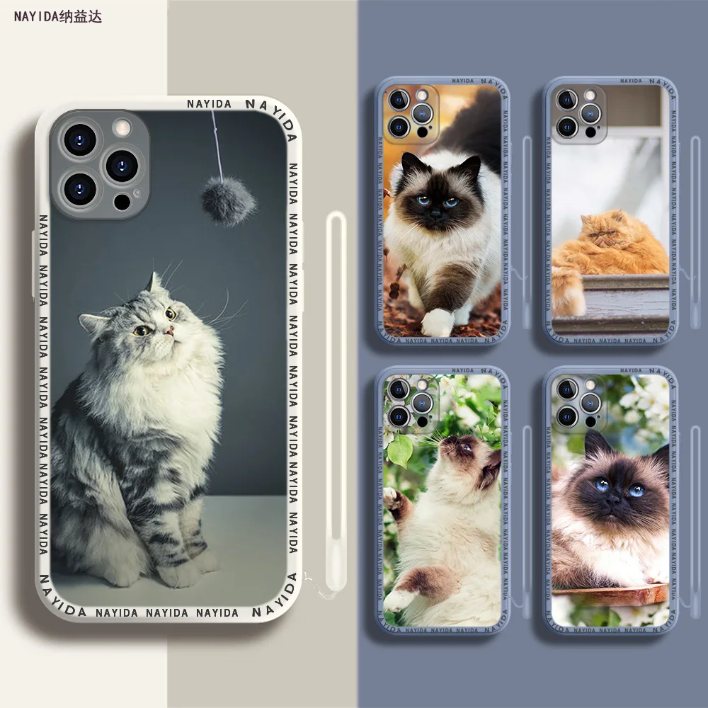 

Soft Silicone Phone Case For iPhone 14 13 11 12 Mini Pro Max XS XR X Blue Lanyard Cover Persian cat