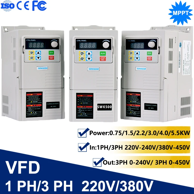

VFD Frequency Inverter 0.75KW-5.5KW 1PH 3PH 220V/380V Output Frequency Converter Universal Vector AC Variable Frequency Drive