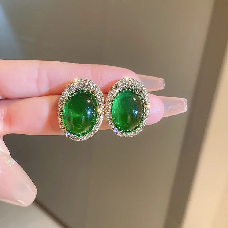 

DREJEW Blue Green Glass Rhinestone Stud Earrings Women's Luxury Shiny Round Earring Bridal Engagement Jewelry Accessories