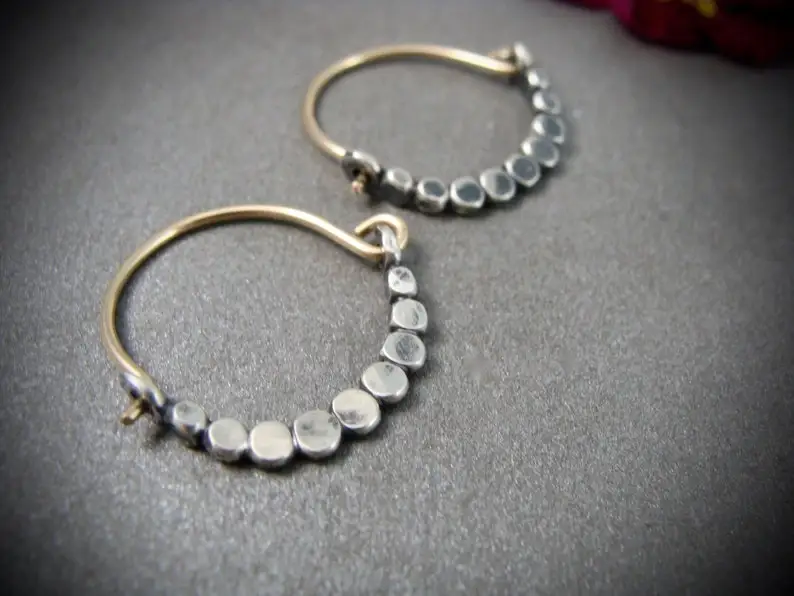 

petite beaded minimalist mixed metal small hoops earrings unique jewelry Tibetan silver hoops handmade jewelry gifts for her
