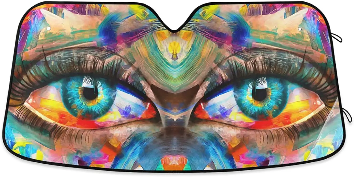

Oil painting eyes car sunshade with foldable UV visor universal front windshield sunshade