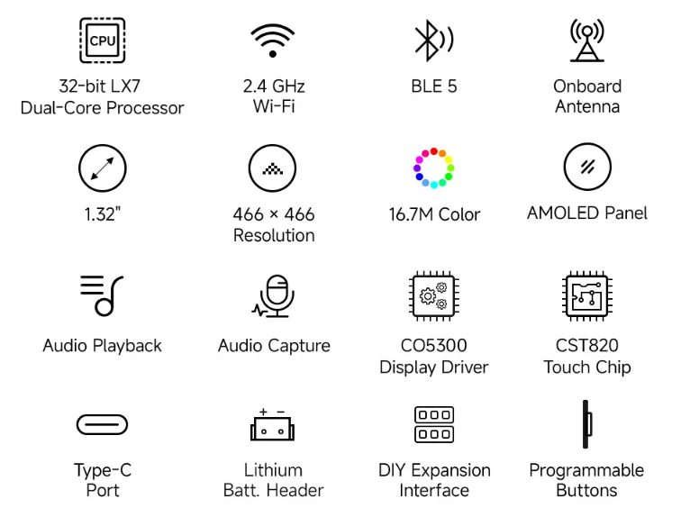 Фото Плата разработки ESP32-S3 с круглым сенсорным AMOLED-дисплеем 1,32 дюйма, 466*466 пикселей, интерфейс QSPI, поддержка Wi-Fi и Bluetooth 5 №2