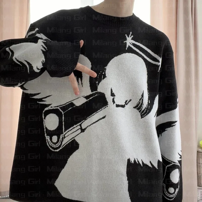 Y2K Unisex Pullovers Sweaters Angel raises gun Knitted Streetwear Maiden Oversized Harajuku O Neck Knitwear Men Women's Clothing