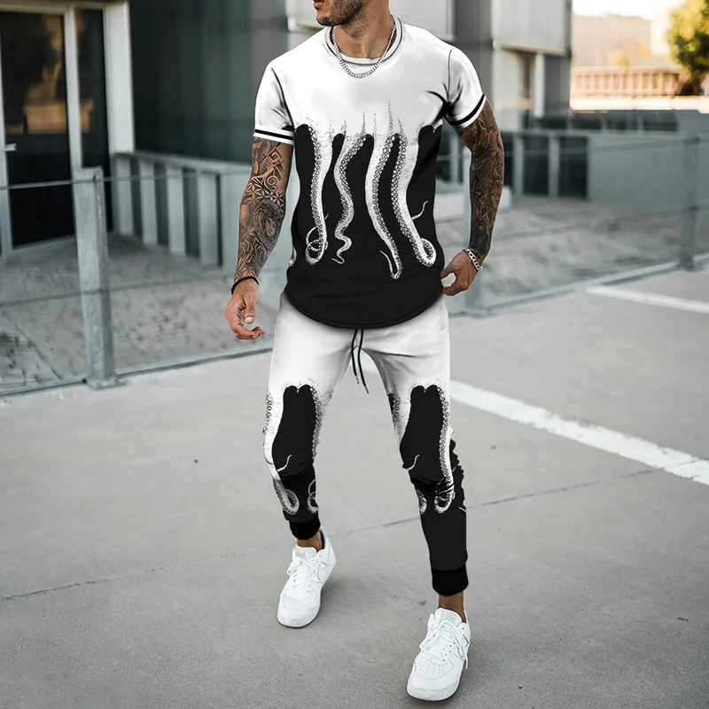 New Summer Men's T Shirt Set 3D Cthulhu Tentacle Printing 2 Piece Oversized Clothing Short Sleeve Suit O Neck Casual Streetwear