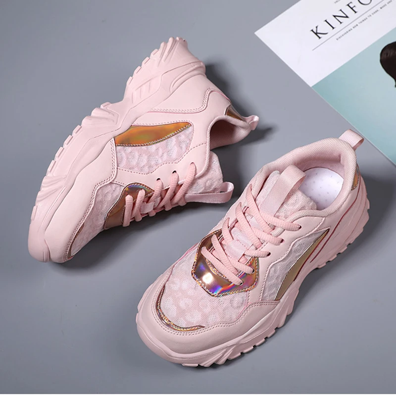 Lovely Pink Chunky Sneakers Women 2022 Thick Sole Girls Sport Running Shoes Bright White Fashion Casual Dad Shoes Women Footwear