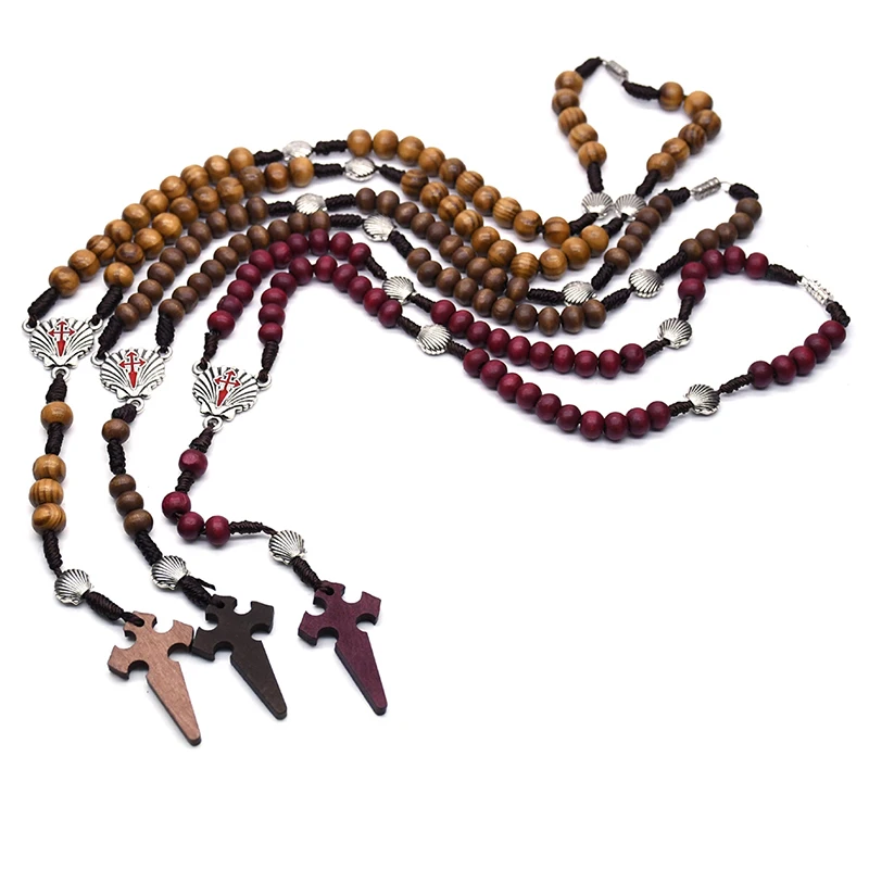 

Fashion Wood Beads Rosary Cross Necklace For Women Men Christian Virgin Mary Pendant Chain Fashion Religion Jewelry