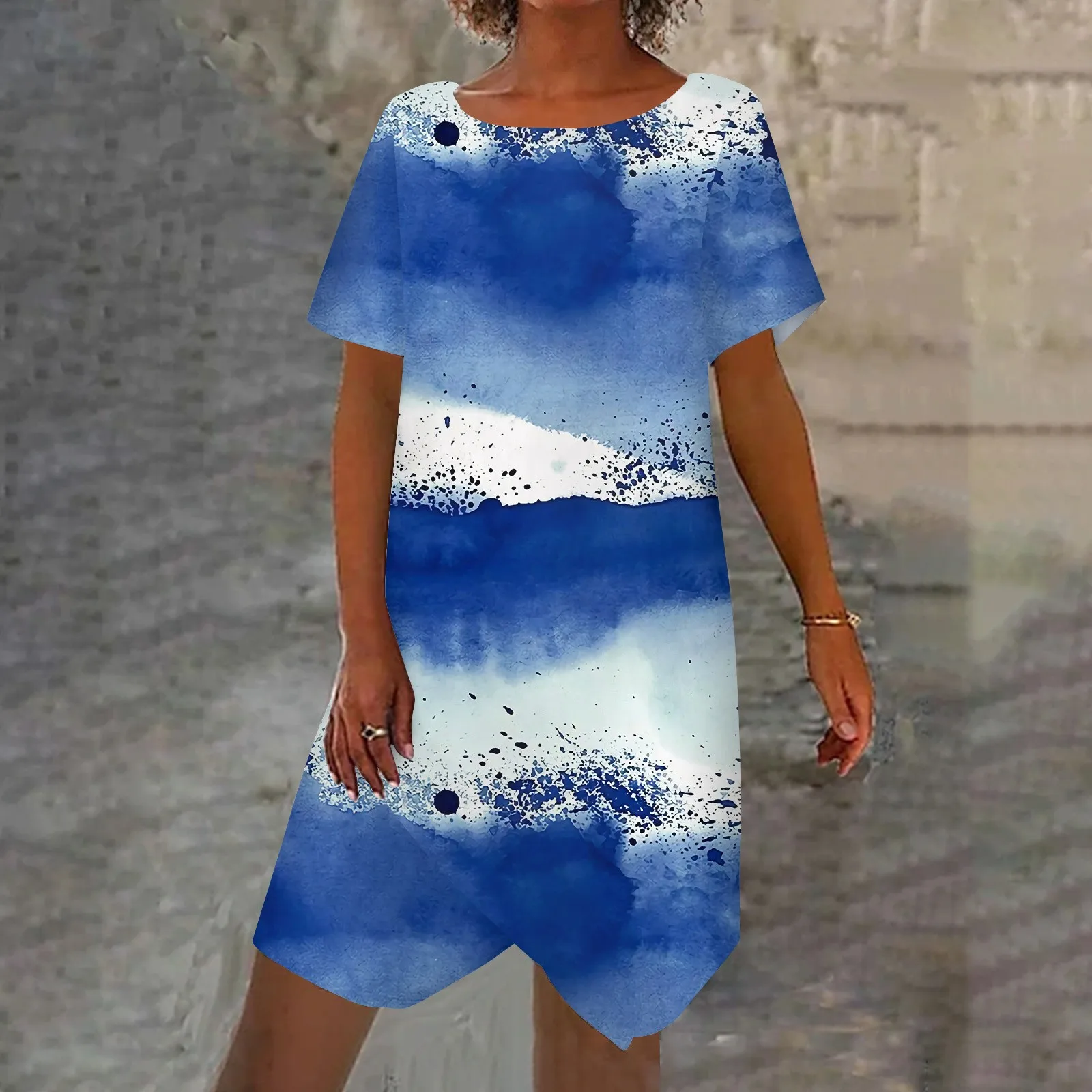 

Women's dress Korean Round Neck Loose A-line Dress Summer Multi-element Printing Short Sleeve Midi Dresses vestidos para mujer