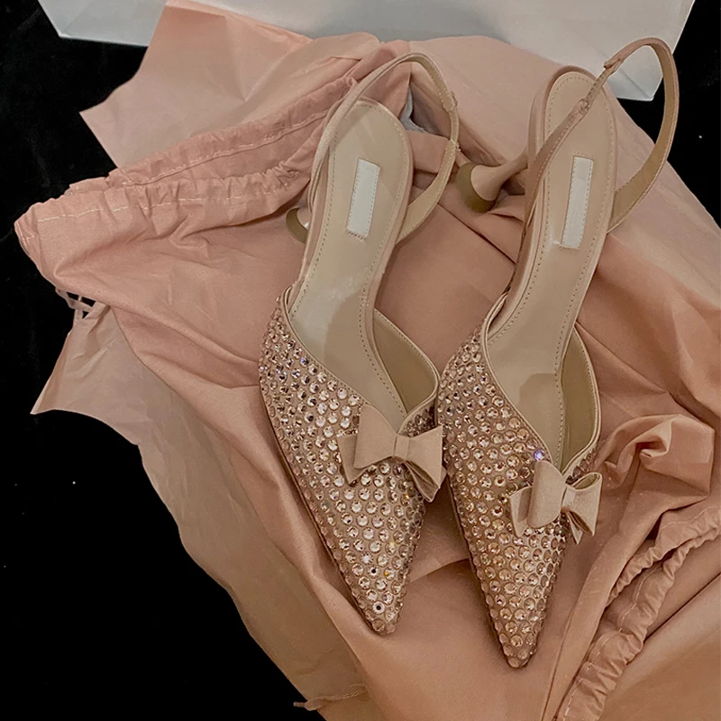 

2023 Fashion Trendy Rhinestone Stiletto Sandals Women's Back Empty Bow Pointed High Heels 6.5cm