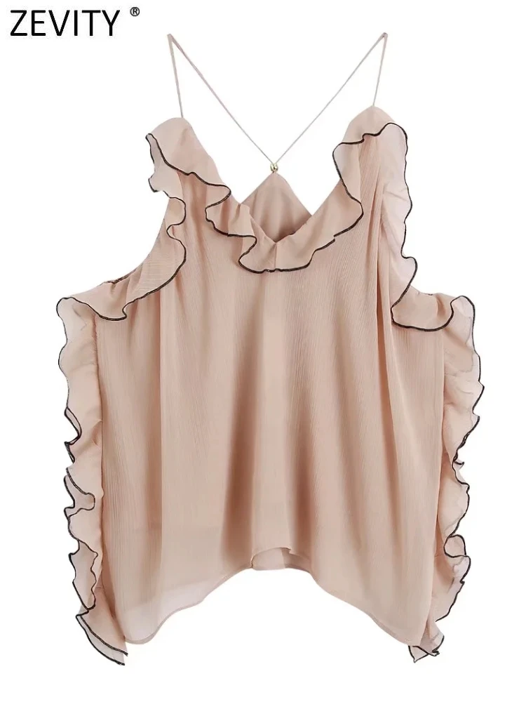 

Женская модная блузка Zevity с V-образным вырезом, плиссированными оборками и черными краями, шифоновая блузка на бретелях-спагетти, модель LS550