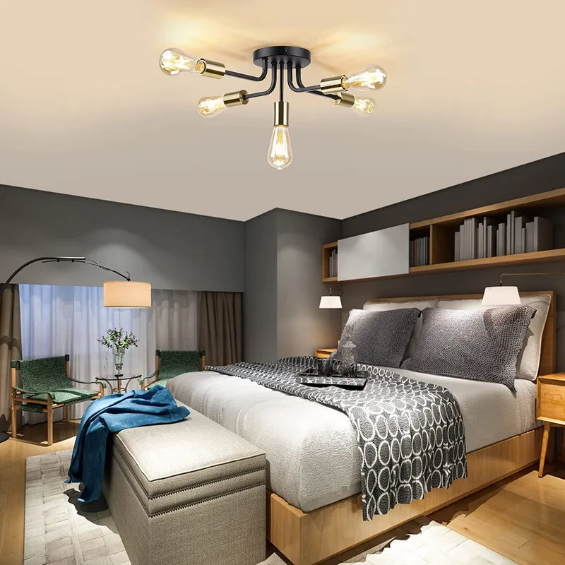 

Современная потолочная лампа, американская железная художественная лампа 5 E26, черная, золотая, для спальни, ресторана, бара, коридора, лампа для ресторана