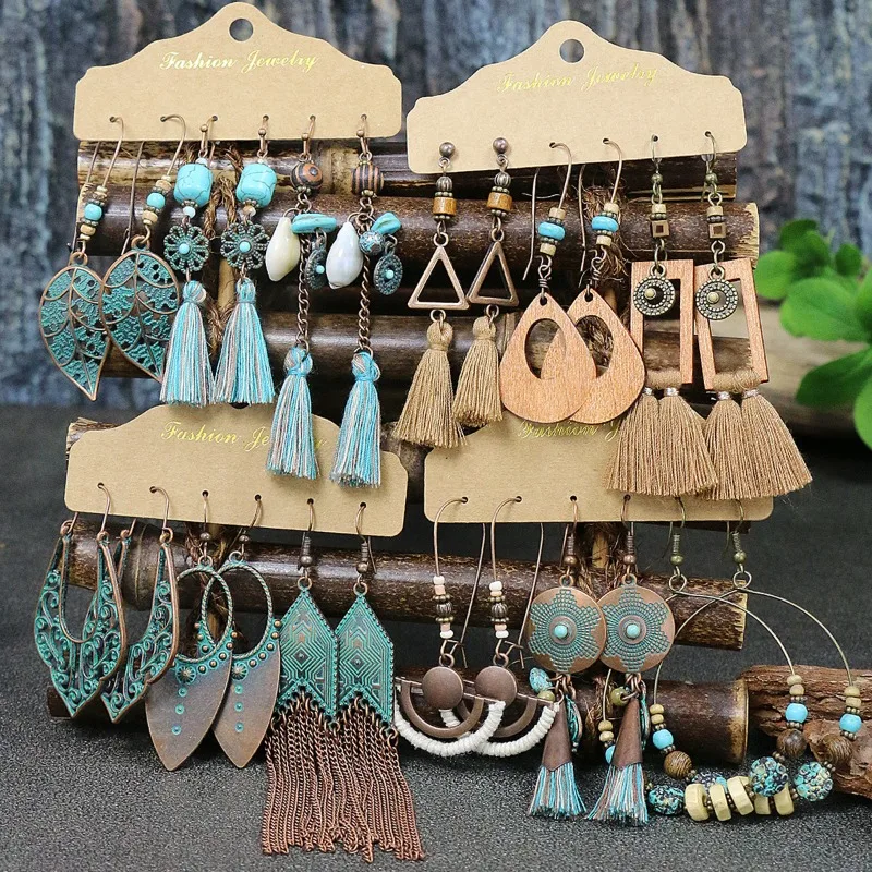 Винтажные серьги 3 пары богемные этнические геометрические кисточки сплав