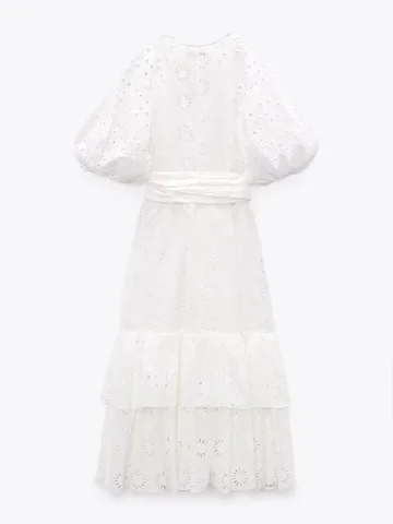 Summer new women's clothing sweet Ruili fashion French puff sleeve V-neck with belt white hollow embroidery mid-length dress