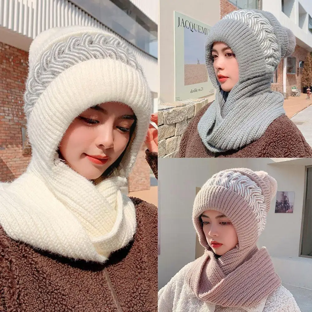 

2021 Winter Thicken Plush Knitted Hat And Scarf In Children Windproof Conjoined Cycling One Warm Women Winter Outdoor Soft P9x0