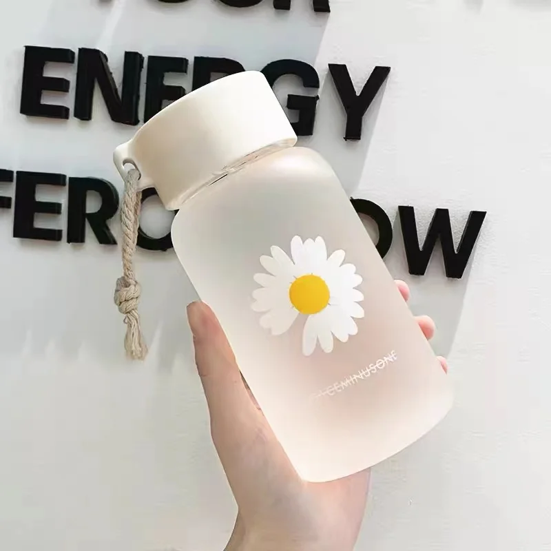 

500ml Small Daisy Transparent Plastic Water Bottles BPA Free Creative Frosted Water Bottle With Portable Rope Travel Tea Cup