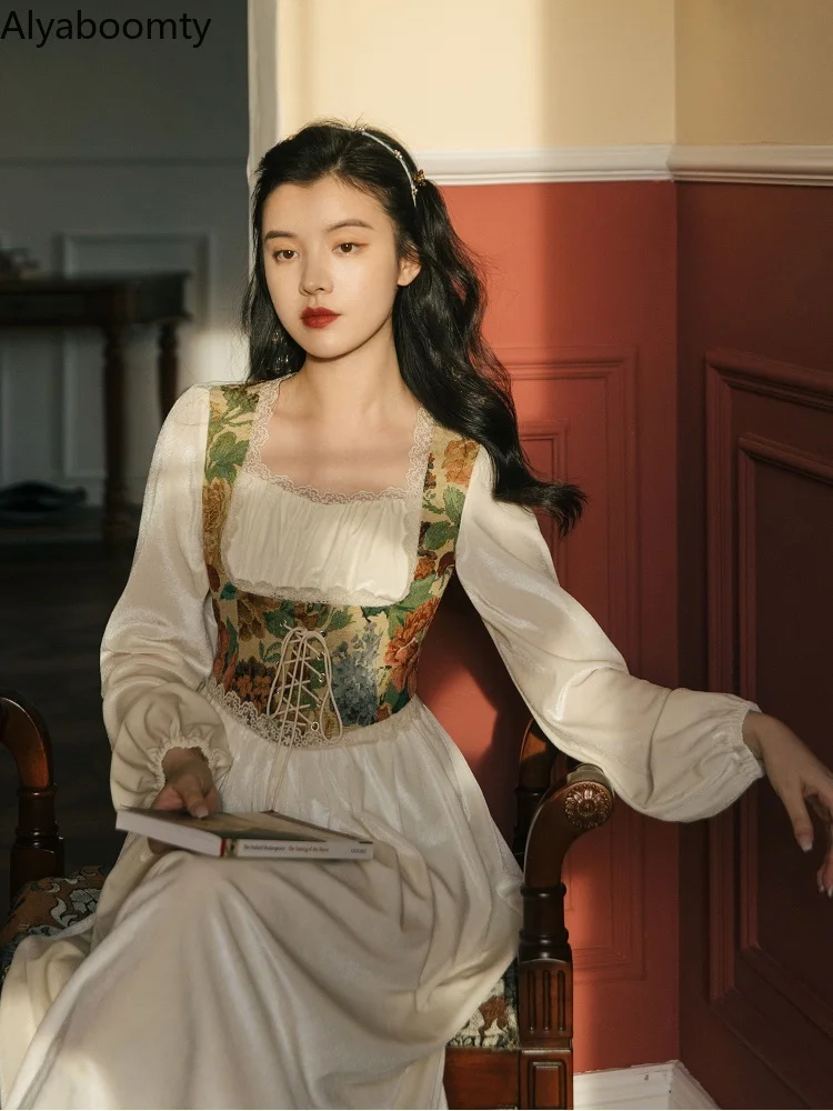 

Женское винтажное бархатное платье, длинное платье составного кроя с квадратным вырезом, кружевное Бандажное классическое платье с длинны...