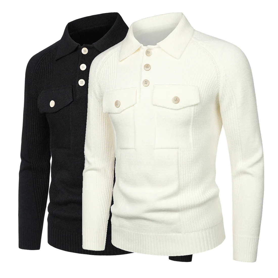 

Men's Pocket Trim Lapel Cargo Sweater Solid Color Knitted Sweater Men