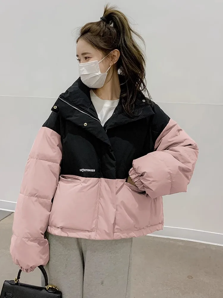 

2023 Winter Womens Patchwork Thicken Casual Cotton Down Jackets Pockets Street Parkas Female Harajuku Oversized Outwear Button