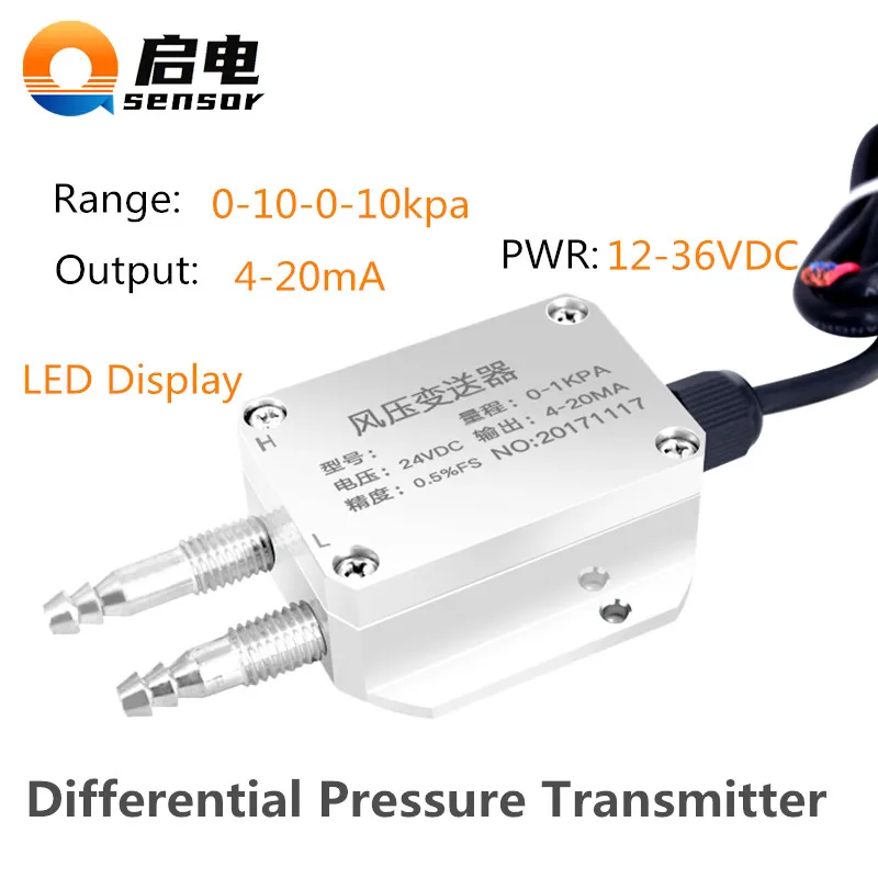 

LED Digital Air Differential Pressure Sensor Transmitter 4-20mA Output 10kpa Wind Gas Transducer QDF70B