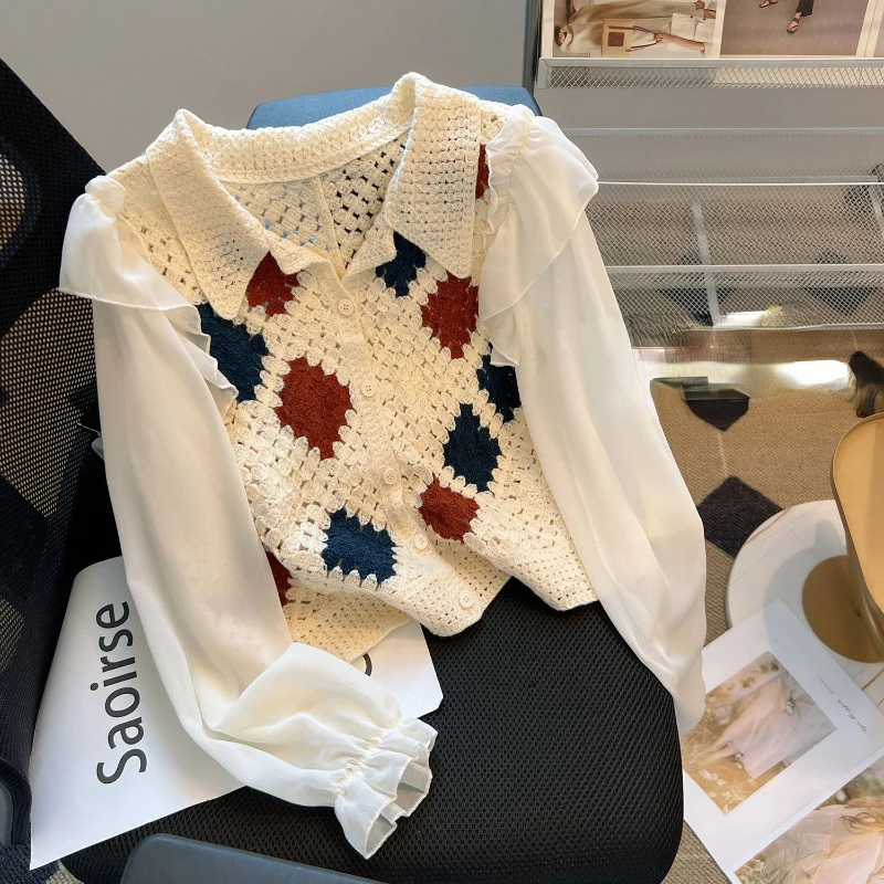 

Женская Солнцезащитная прозрачная рубашка, Женский вязаный Топ с длинным рукавом, Свободная шифоновая блузка с принтом, Модный пуловер высокого качества G582