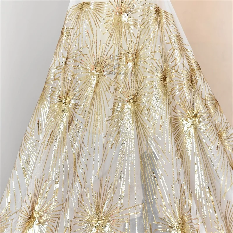 

Luxury Gold Sequins Fireworks Tulle Net Fabric DIY Full Dress Sewing Fabrics In Yard L289
