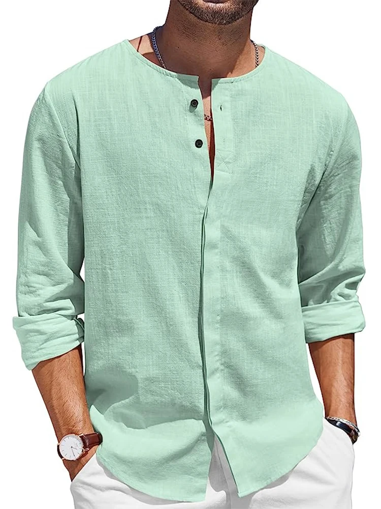 

Vintage Single Breasted Neckless Shirts Men Casual Solid Color Cotton Linen Tops Leisure Clothing Long Sleeve Loose Men's Shirt