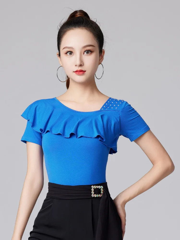 

Solid Color Latin Dance Costume Evening Tops Tango Jazz Rhinestones Wear Waltz 2023 New Belly Woman Short Sleeve Ruffle T-shirt