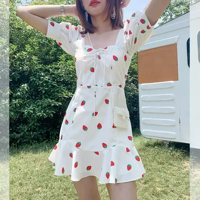 

Strawberry Mini Dress Summer Sweet Kawaii Girl Fairy Dresses for Women Puff Sleeve Bow Square Collar A-line Streetwears 2021 New