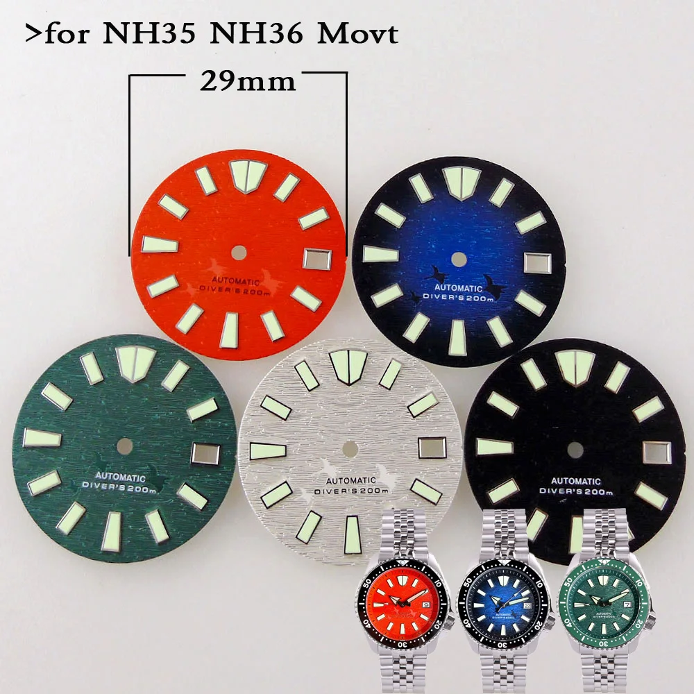 

Sterile 3.8 Crown Watch Dial 29mm for NH35 NH36 movement Diver Seik Watch Mod Date Green Luminous