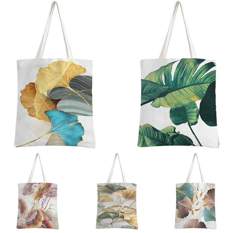 

Gold Ginkgo Lea Shoulder Bags Women Shopping Tote Canvas Casual Large Capacity Kawaii Trendy School Eco Reusable Canvas Bag