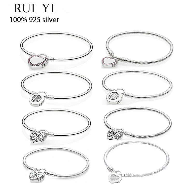 

Authentic S925 Sterling Silver Heart Texture Lock Cz Snake Bone Bracelet Is Suitable For Women's Diy Jewelry Original Charm