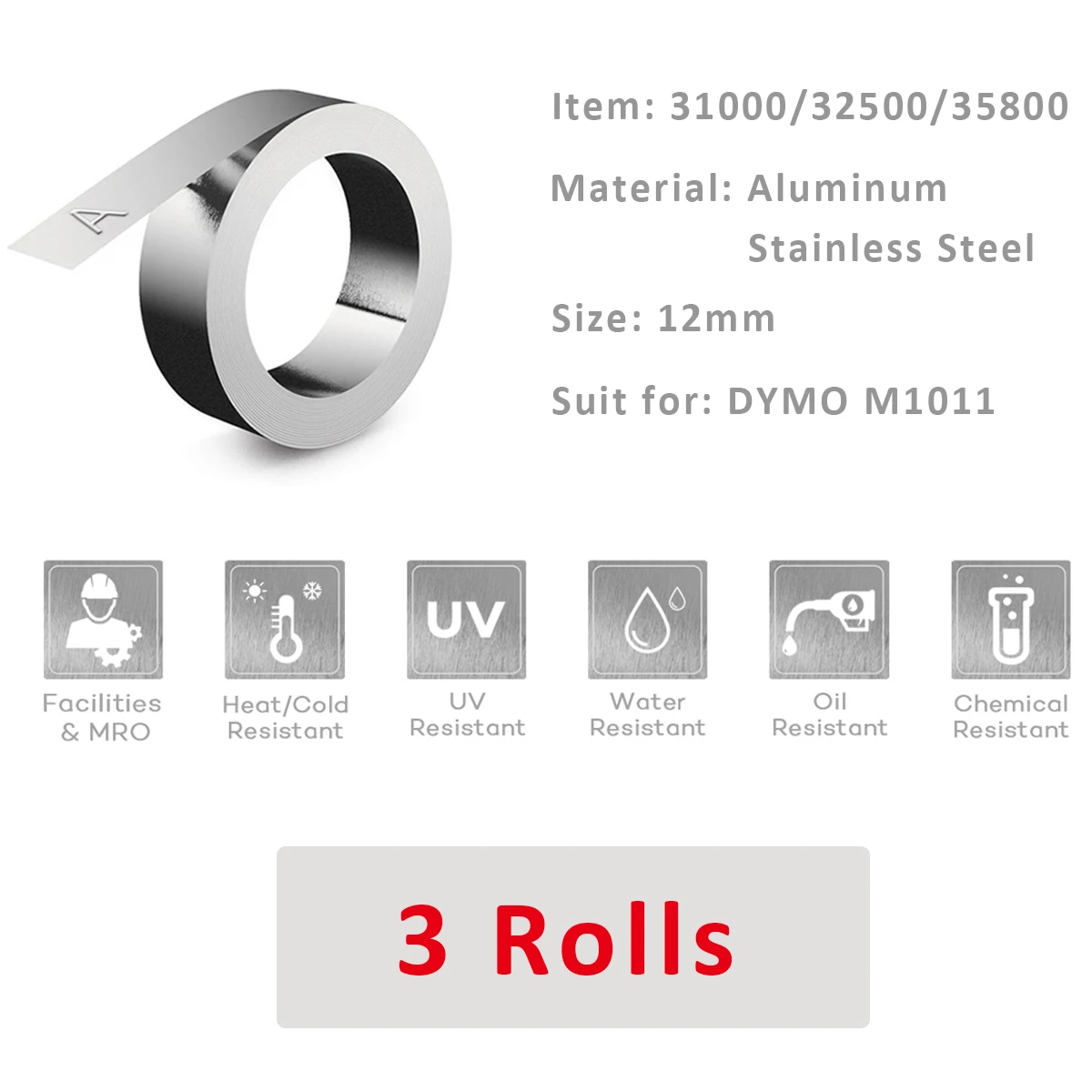 

3 Rolls Compatible For DYMO 32500 35800 31000 Stainless Steel/Aluminum Embossing Metal Tape FOR Dymo rhino M1011