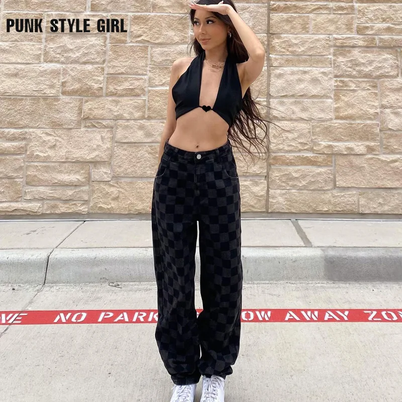 

Cyber Black Plaid Straight Jeans Women Y2k Casual Capri Wide Leg Pants 90s Korean Checkerboard Cargo Trousers Kpop Techwear 2022