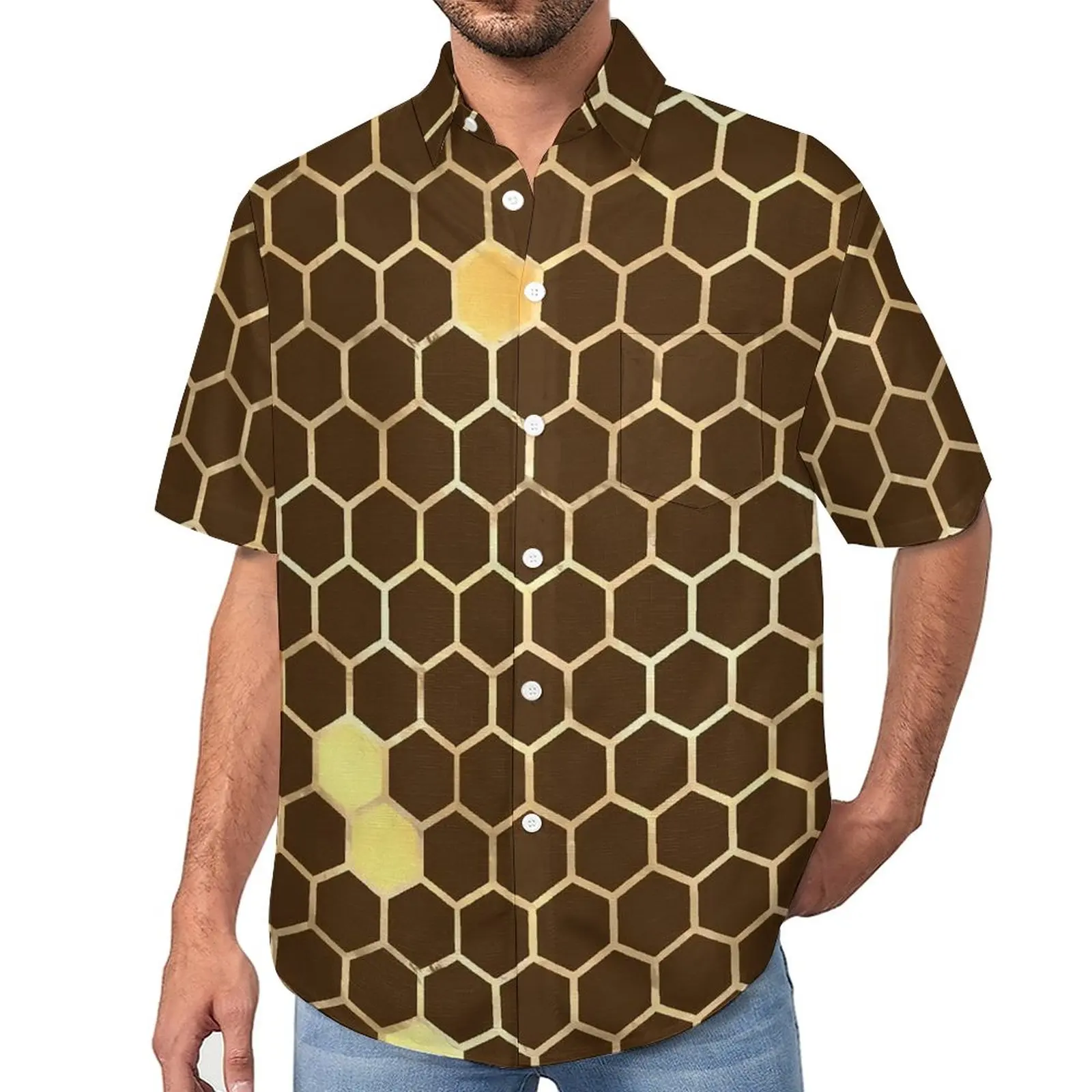 

Honey Bee Hives Beach Shirt Geometric Print Hawaiian Casual Shirts Man Streetwear Blouses Short Sleeves Pattern Top Plus Size